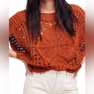 Free People Diamond in the Rough Terra Cotta Crochet Cap-Sleeve Sweater Top XS
